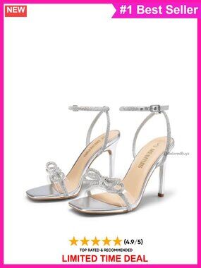 Rhinestone Bow Slingback Stiletto Heels Square Toe Dress Sandals